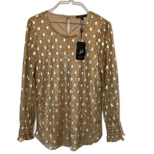 Brand NWT, Women’s Adrianna Papell Scoop Neck Long Sleeve Blouse, Gold/Silver Sm